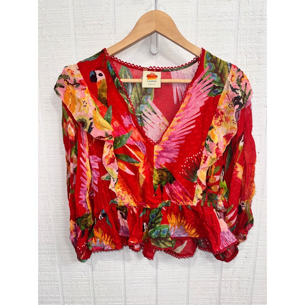 Farm Rio Ruffle Blouse Women Red Tropical Macaw Swiss Dot Peplum M